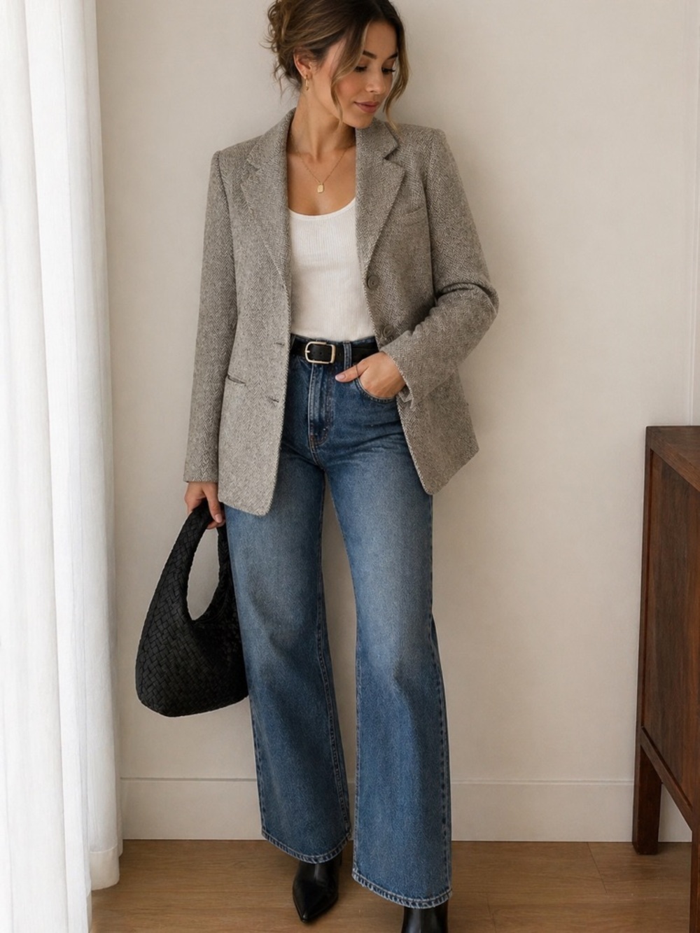 L.L. Bean Petite 4 Wool Tweed Blazer Herringbone Neutral Classic Career Jacket